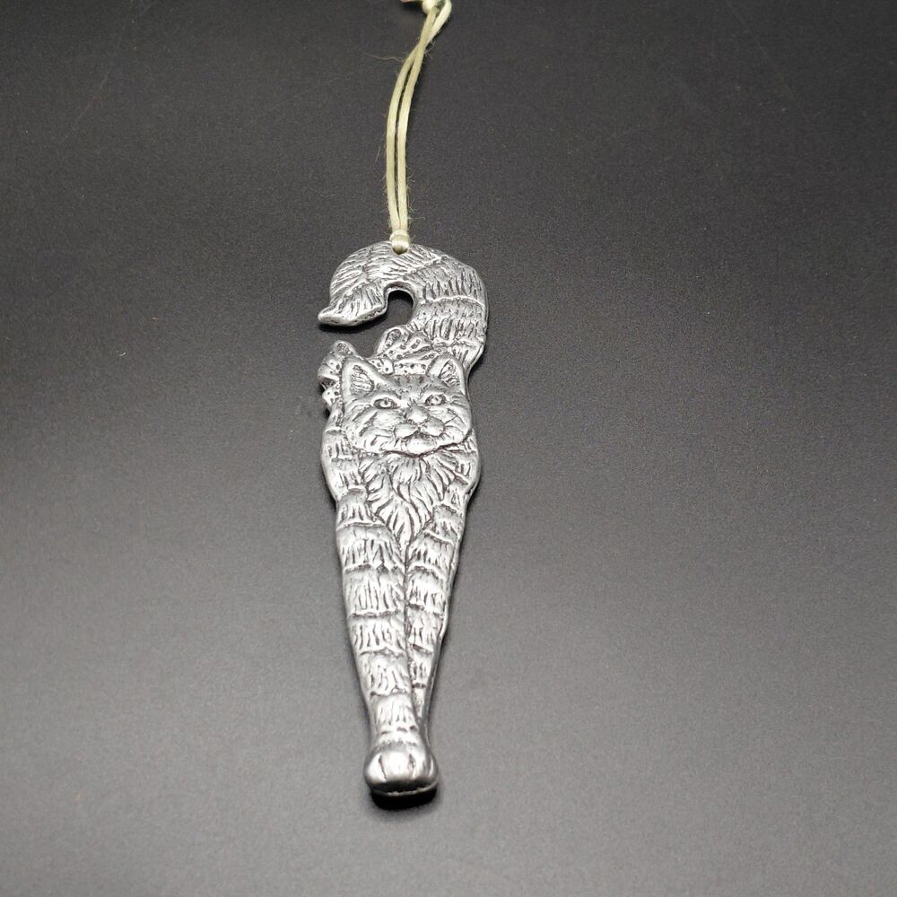 Vintage Carson 1994 Pewter Cat Christmas Ornament Silver Metal 5"
